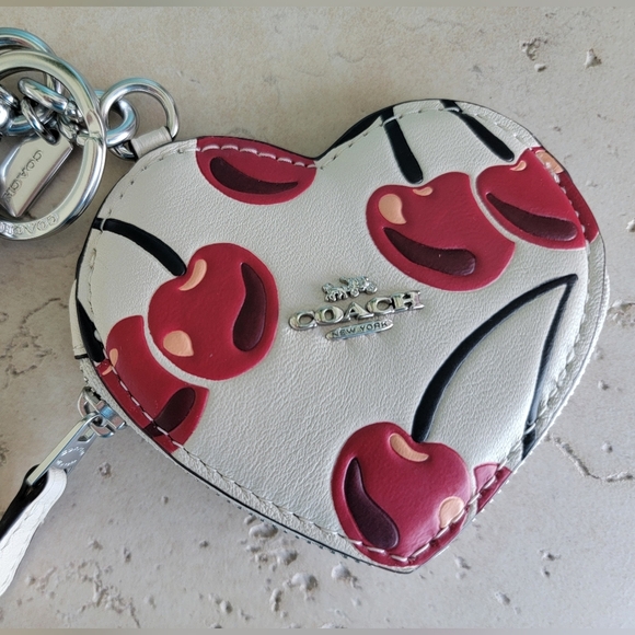 Coach Heart Shaped Coin Pouch Bag Charm With Cherries- NWT - Picture 2 of 11